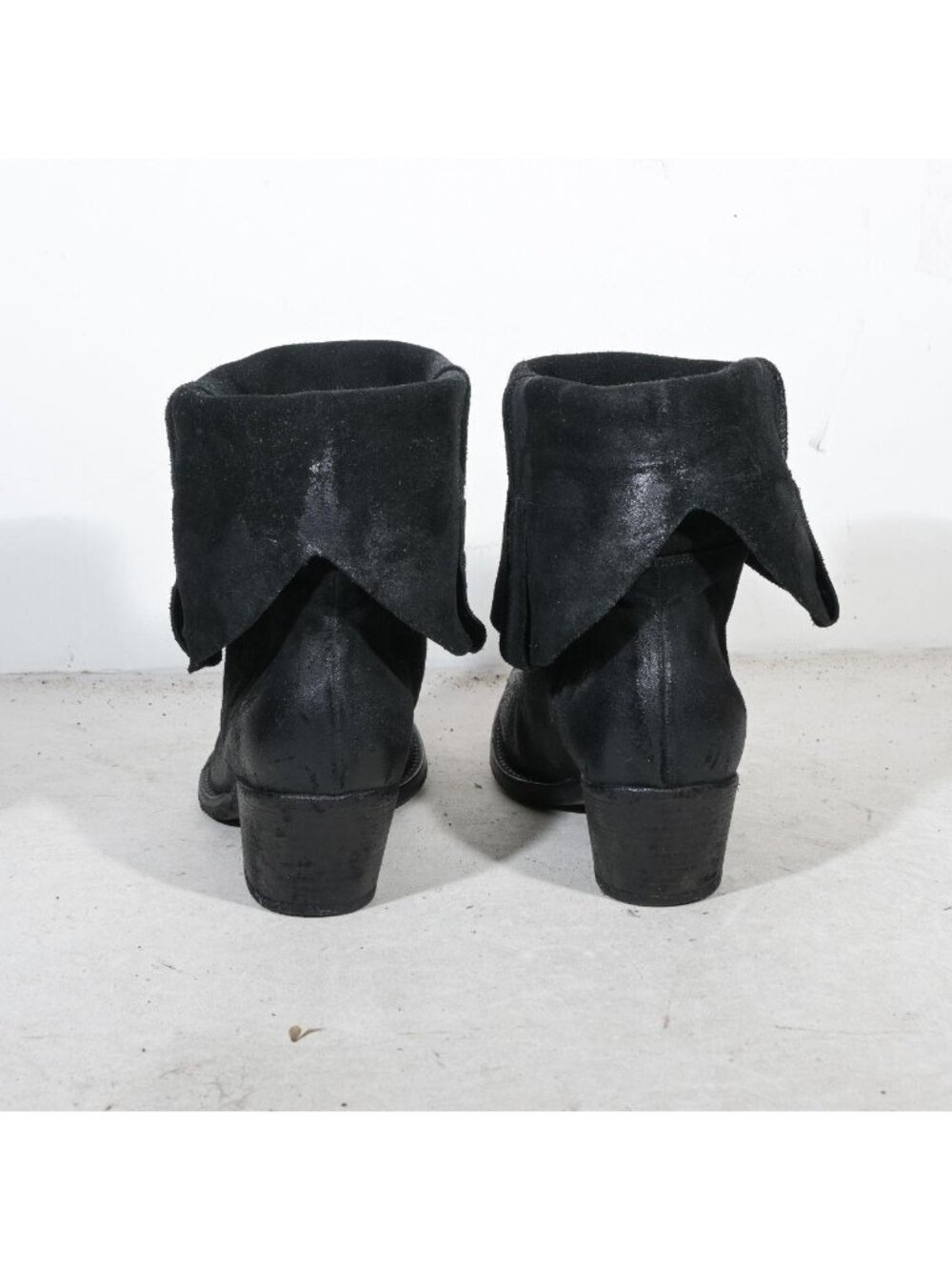 Black Suede Western Ankle Boots Reversed Cuff Texan Almond Toe Made in Italy Wom - Picture 4 of 8